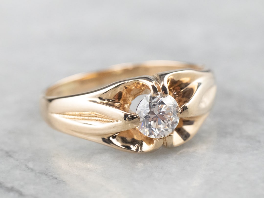 Unisex Diamond Belcher Ring, Antique Diamond Solitaire Ring Unisex Diamond Belcher Ring, Antique Diamond Solitaire Ring