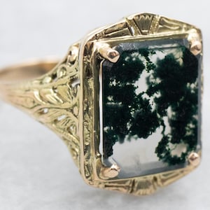 Emerald Cut Agate Filigree Ring, Agate Ring, Filigree Ring, Emerald Cut Agate, Agate Filigree Ring, Gold Agate Ring, Moss Agate Ring A48935