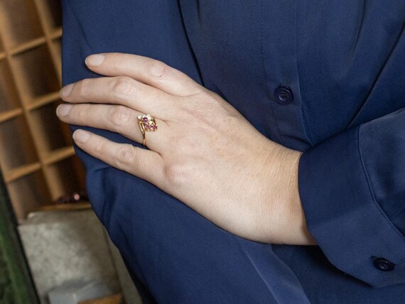 14K Yellow Gold Ruby and Diamond Cluster Ring, By… - image 4