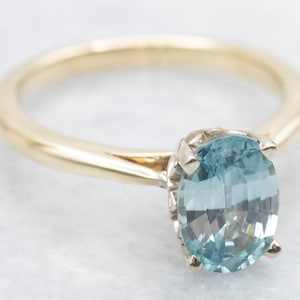 14K Gold Blue Zircon Solitaire Ring, Two Tone Oval Cut