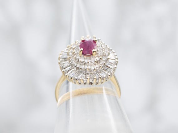 14K Gold Ruby Diamond Halo Ring, Cocktail Jewelry - image 3