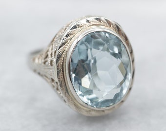 Art Deco Aquamarine Filigree Ring, Bezel Set Aquamarine Ring, March Birthstone, Antique Aquamarine Ring, Bridal Jewelry A18292