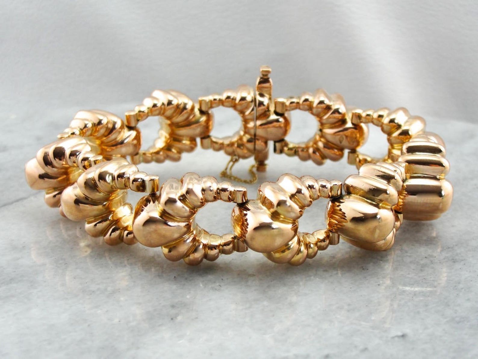 Huge Heavy Rose Gold Bracelet Scalloped Link Bracelet Rose Etsy