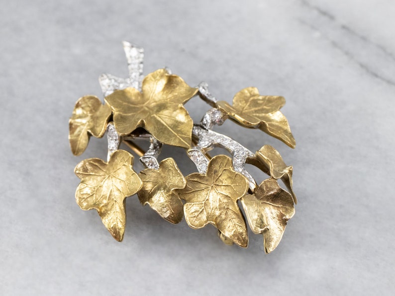 Tiffany Diamond Platinum and Gold Ivy Brooch, Botanical Brooch, Mixed Metal Brooch, Bridal Pin, April Birthstone, Gift for Her 79MHKR13 image 3