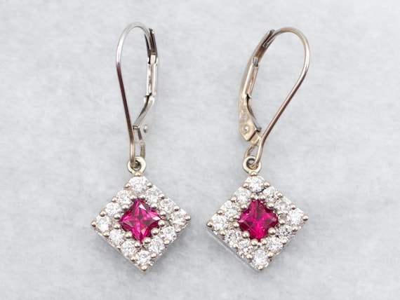 14K White Gold Ruby Halo Diamond Drop Earrings - image 1