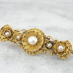 Etruscan Revival Victorian 22K Gold and Pearl Brooch