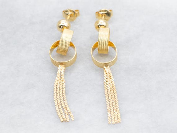 18K Yellow Gold Ball Stud Tassel Earrings, Dangle… - image 1