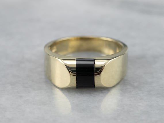 Unisex Black Onyx Statement Ring, Yellow Gold Ony… - image 2