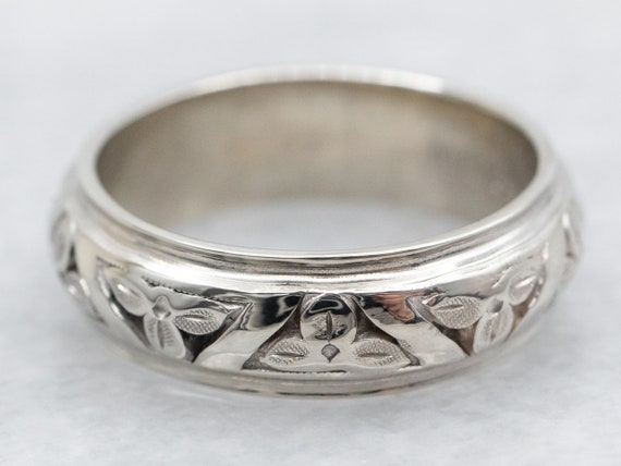 White Gold Botanical Etched Wedding Band, White G… - image 1