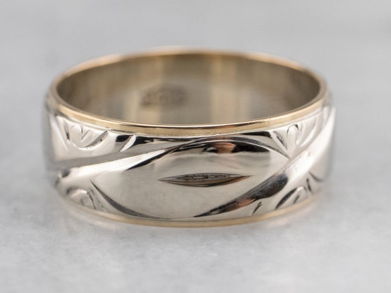 14K Yellow & White Gold Patterned Wedding Band, E… - image 1
