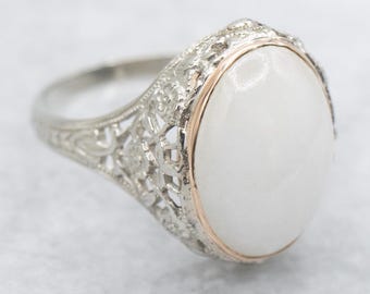 10K Weißgold Jade Cabochon Ring, Antique Floral Filigree