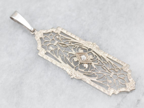 Diamond Art Deco Filigree Pendant, 14K White Gold