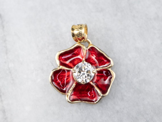 Diamond Poppy Flower Pendant, Gold and Enamel Pen… - image 2