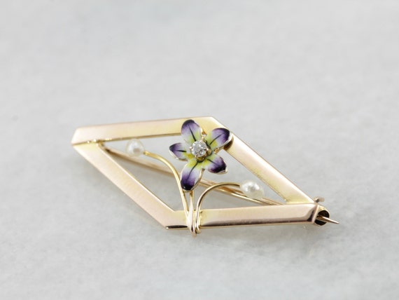 Sweet Vintage Enameled Pansy Brooch with Diamond … - image 3