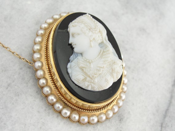 Antique Victorian Mourning Pendant, Seed Pearl Br… - image 1