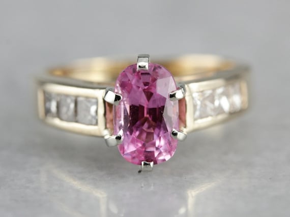 Pink Sapphire Anniversary Ring, Sapphire and Diam… - image 1