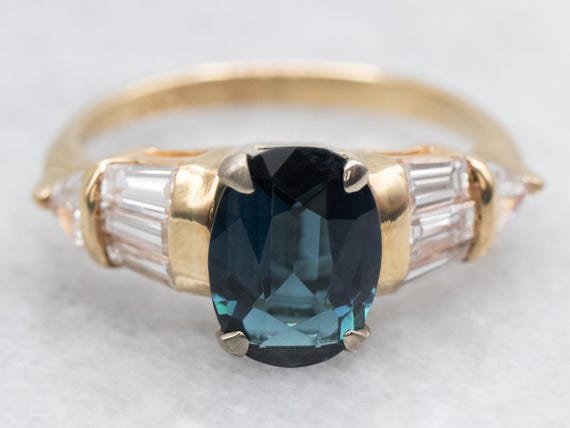 Retro Oval Indicolite Tourmaline Diamond Ring, 14… - image 1