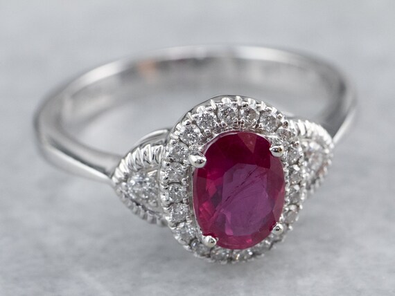 18K White Gold Ruby Diamond Halo Ring, Anniversar… - image 2