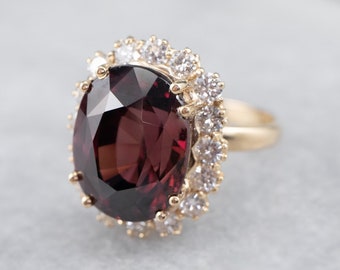 12.64 Carat Rhodolite Garnet and Diamond Halo Ring, 14K Yellow Gold