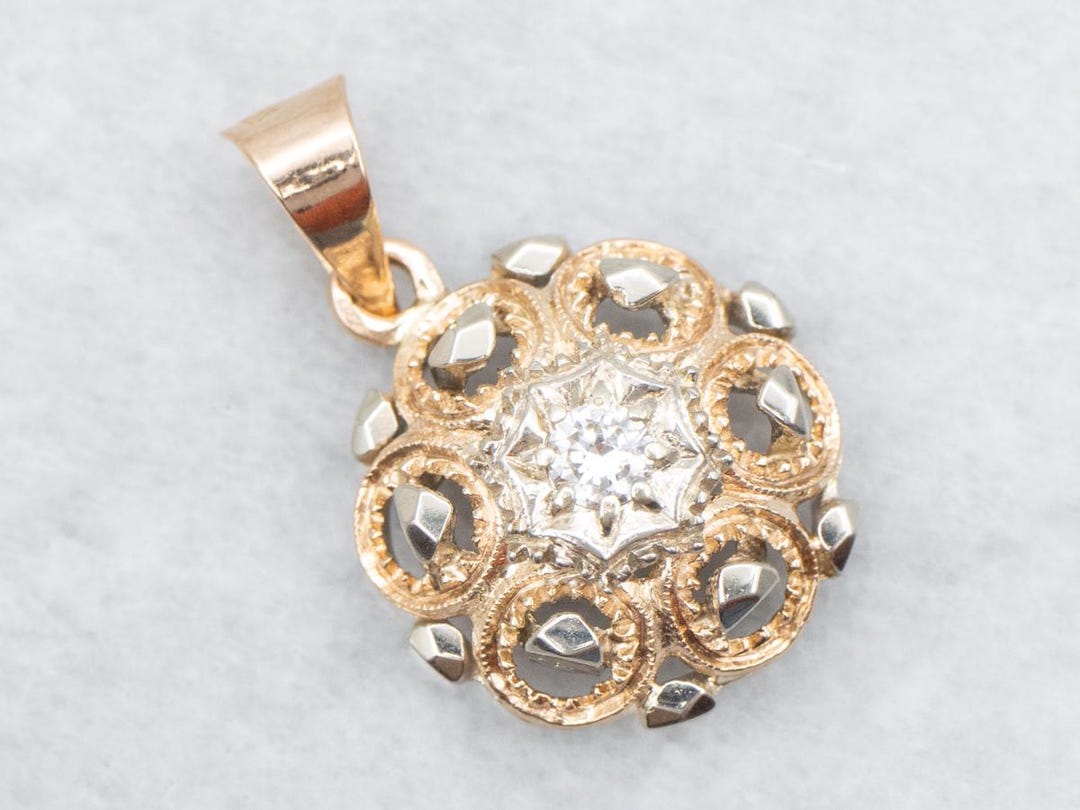 Ornate Two Tone Gold Diamond Pendant, Diamond Solitaire