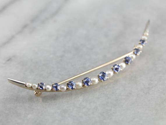 Vintage Sapphire and Pearl Brooch, Crescent Moon … - image 2