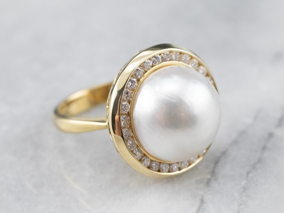 Mabe Pearl Cocktail Ring, Pearl and Diamond Halo … - image 1