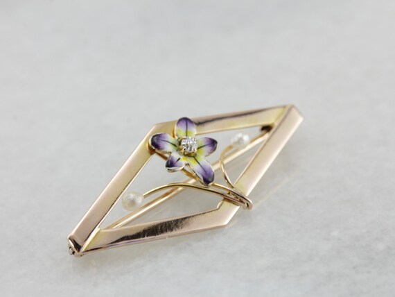 Sweet Vintage Enameled Pansy Brooch with Diamond … - image 4