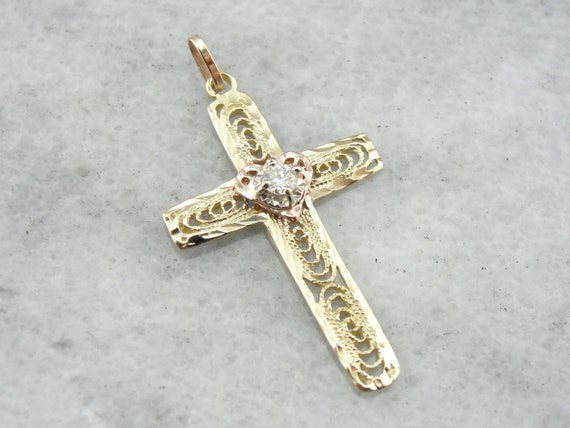 Lovely Filigree Gold Cross with Diamond Center 3DYER1 | Etsy
