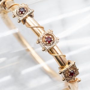 Victorian Revival Garnet Bracelet, Yellow Gold Bangle Bracelet, Antique Garnet Bracelet, Estate Jewelry A56706