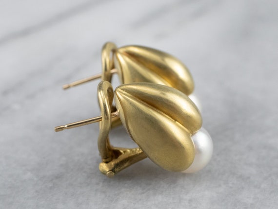 Botanical Brushed Gold Pearl Drop Earrings, Yello… - image 5