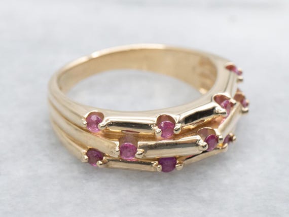 14K Yellow Gold Ruby Statement Ring, Triple Row B… - image 2