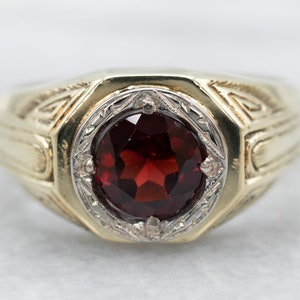 Antique Two Tone Gold Garnet Solitaire Ring, Unisex Jewelry
