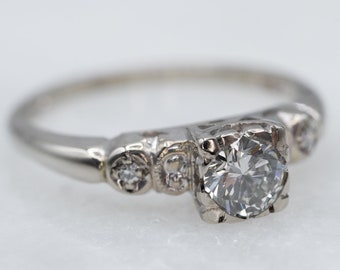 Vintage 14K White Gold Diamond Engagement Ring, Three Stone Ring