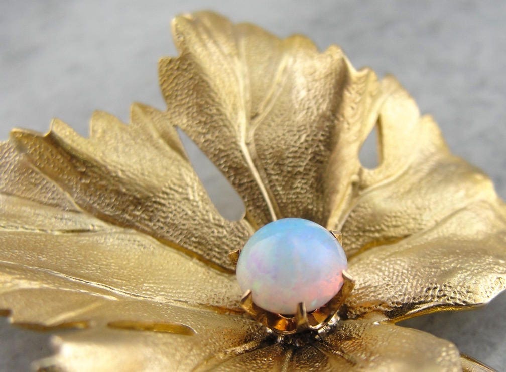 Realistic Maple Leaf Brooch With Opal Set at the Center Realistic Maple Leaf Brooch With Opal Set at the Center