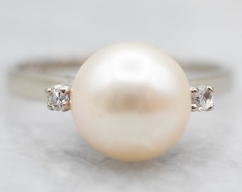 14K White Gold Pearl Ring with Diamond Accents, Bridal Jewelry