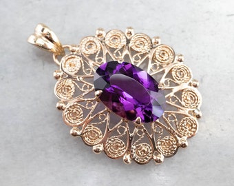 14K Gold Ornate Filigree Amethyst Pendant, February Birthstone