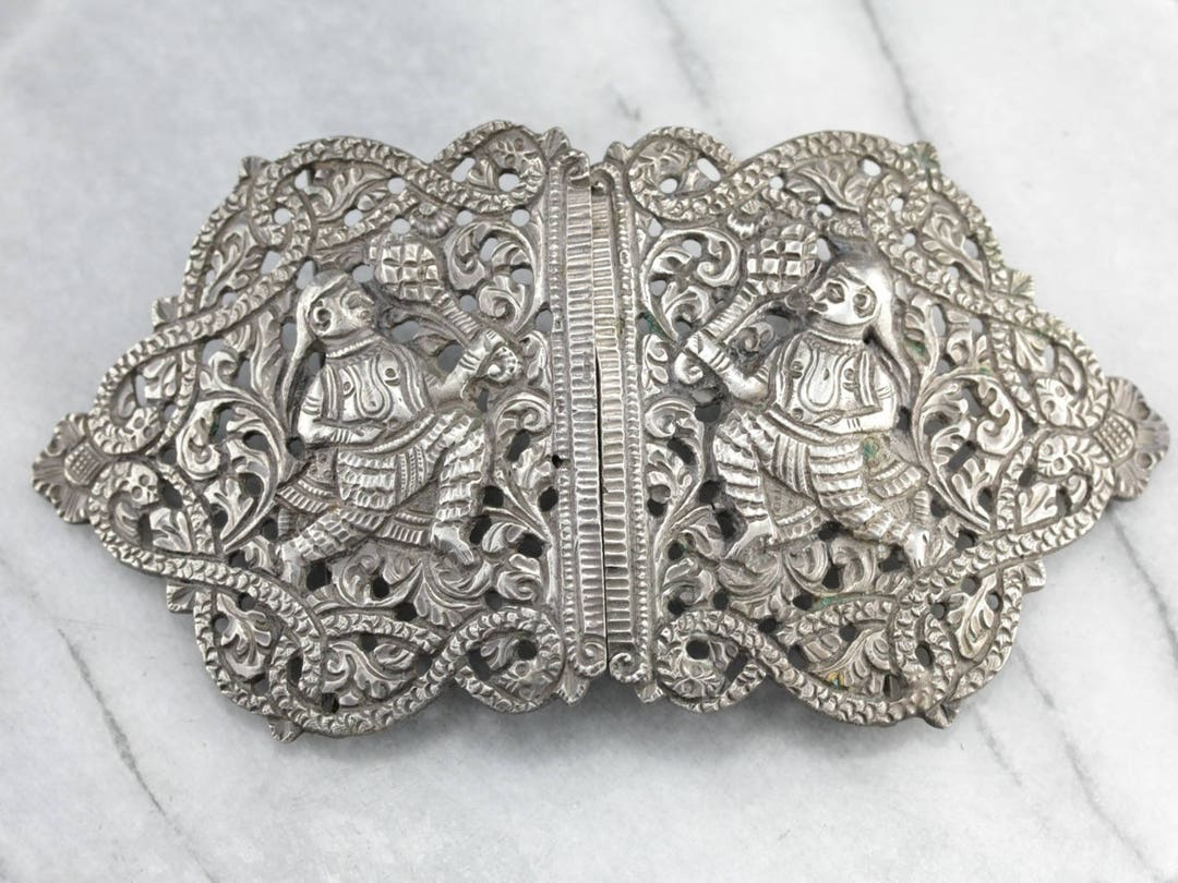Antique Sterling Silver Belt, Ornate Belt Buckle, Indian