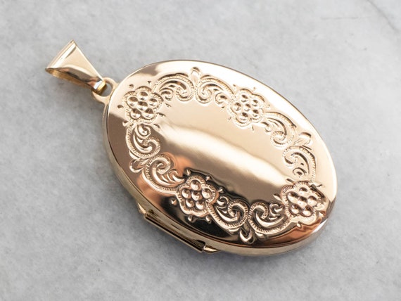Vintage Gold Locket, Engraved Floral Locket, Yello