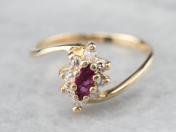 14K Yellow Gold Marquise Ruby Diamond Halo Bypass… - image 1