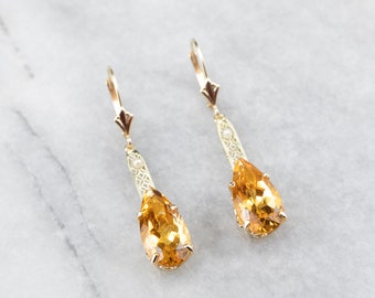 14K Gold Pear Citrine Drop Earrings, Seed Pearl Filigree