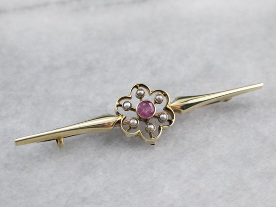 Antique Pink Sapphire Seed Pearl Brooch, Victoria… - image 1