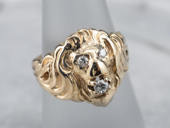 Gold Diamond Lion Head Ring, Yellow Gold Lion Rin… - image 7