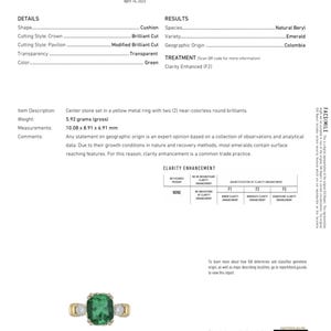 May include: A GIA Emerald Origin Report details a yellow metal ring with a cushion-cut green emerald center stone and two near-colorless round brilliant diamonds. The ring weighs 5.92 grams and measures 10.08 x 8.91 x 6.91 mm.