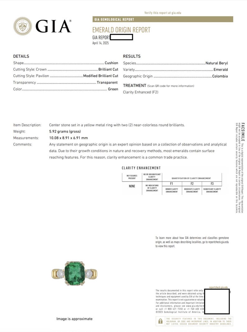 May include: A GIA Emerald Origin Report details a yellow metal ring with a cushion-cut green emerald center stone and two near-colorless round brilliant diamonds. The ring weighs 5.92 grams and measures 10.08 x 8.91 x 6.91 mm.