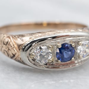 Anello bicolore con zaffiro blu antico e diamanti, zaffiro blu, anello di fidanzamento moderno, anello di anniversario, anello in oro con zaffiro antico A19054