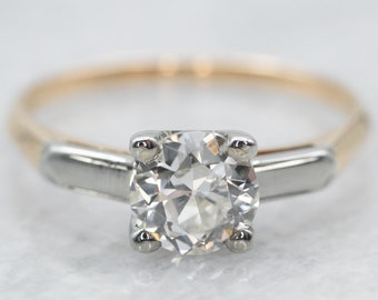 Vintage Two Tone Gold European Cut Diamond Solitaire Engagement Ring