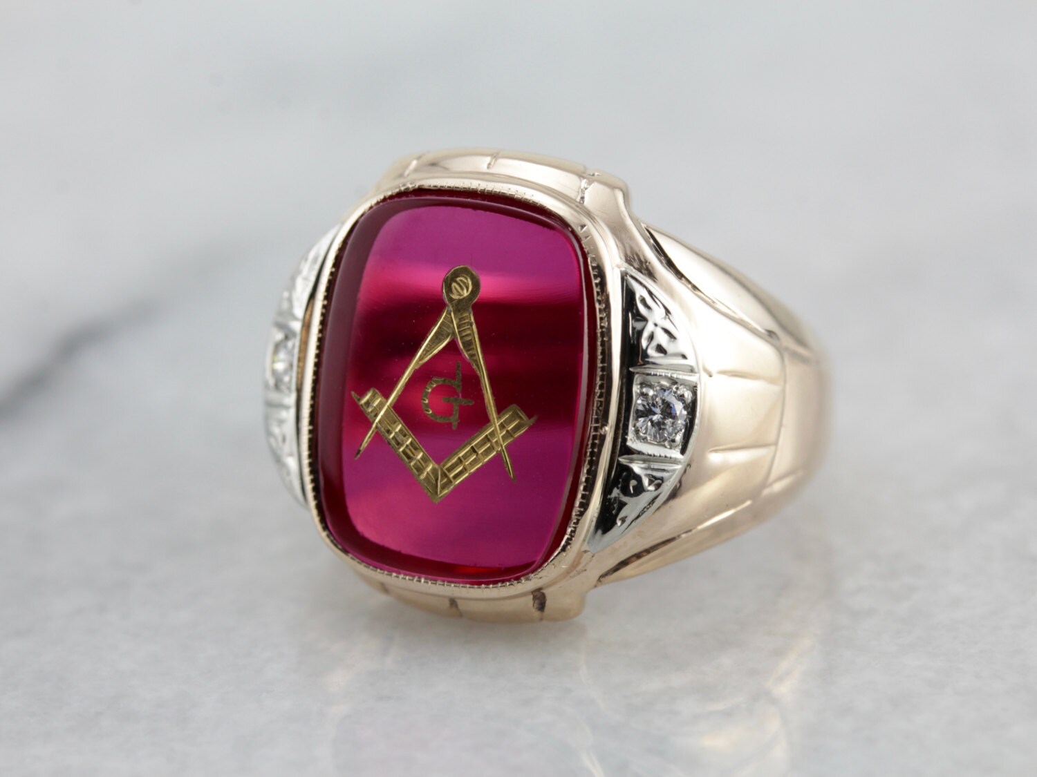 Bold Ruby Red Glass Masonic Ring With Diamond Accented Shoulders