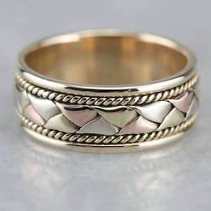 Tri Color Gold Unisex Band, Braided Pattern Band, Vintage Wedding Band, Stacking Band 7F4DA6-N