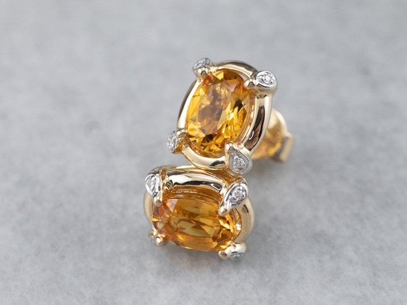 Citrine and Diamond Stud Earrings, Oval Citrine Stud Earrings, Yellow Gold Earrings, November Birthstone, Gemstone Stud Earrings JLNTVRXH image 2