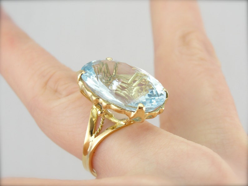 Large Aquamarine Gold Statement Ring, Pale Blue Aquamarine Cocktail Ring, Vintage Cocktail Ring, March Birthstone, ZT04TJ image 4